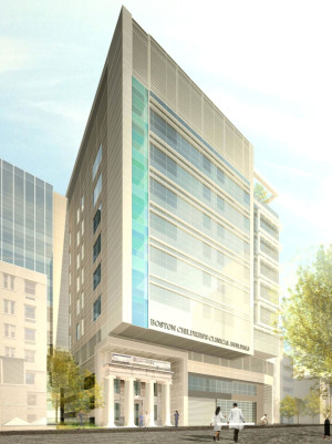 A rendering of the planned Boston Children’s Clinical Building, to be built on the site of the Prouty Garden and Wolbach building. (Courtesy of Children's Hospital) 