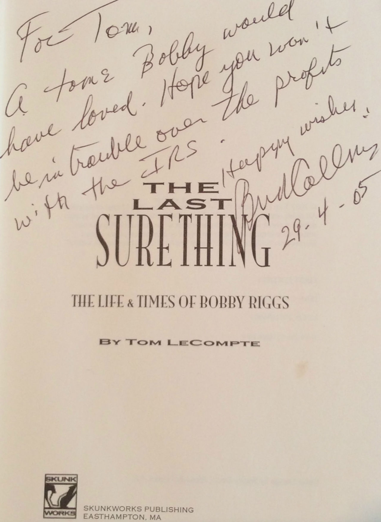A note from Bud Collins scribbled inside Tom LeCompte's book. (Courtesy of the author) 