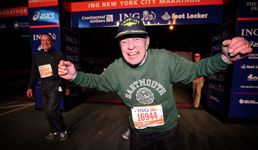 Nintey-year-old retired Marine Col. Jonathan Mendes crosses the finish line at the end of the 2010 New York City Marathon, after 9 hours and 55 minutes. (USMC via Wikimedia Commons)