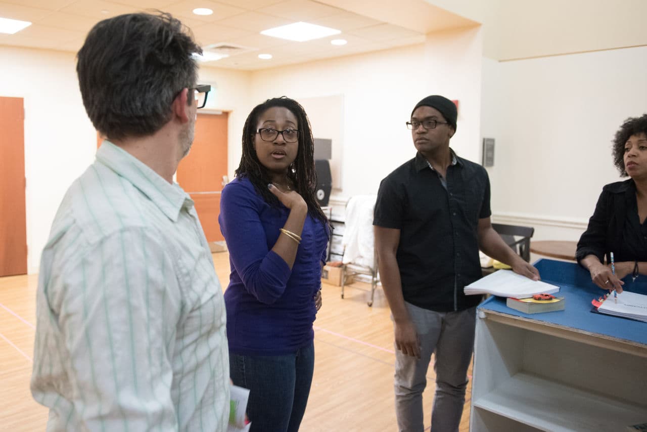 From left: John Kuntz, director Summer L. Williams, Maurice Emmanuel Parent and Jackie Davis rehearse for SpeakEasy Stage Company's production of "Bootycandy." (Courtesy Glenn Perry Photography/SpeakEasy Stage Company)