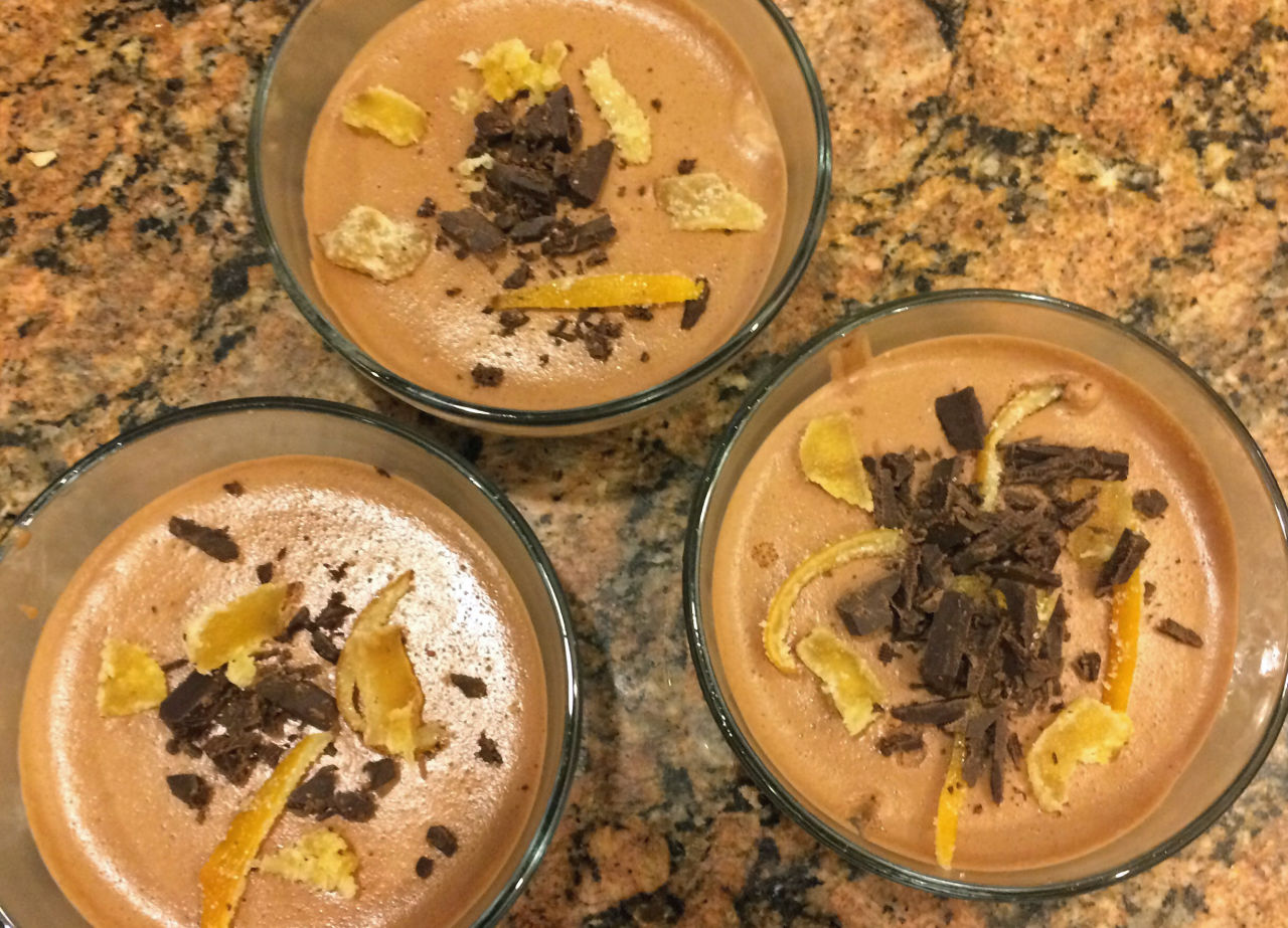 This variation of Kathy Gunst's chocolate mousse is topped with candied ginger and shaved chocolate. (Kathy Gunst)