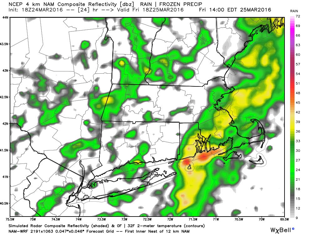 Radar for 2 p.m Friday. (Courtesy WeatherBell)
