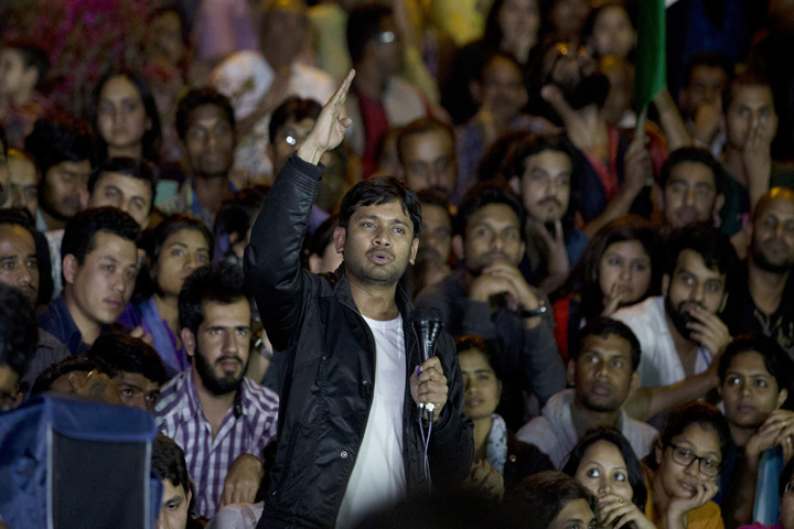 Jawaharlal Nehru University student union leader Kanhaiya Kumar makes a speech to fellow students after being released on bail at the university campus, in New Delhi, India, Thursday, March 3, 2016. Kanhaiya was facing sedition charges following protests where anti-India slogans were allegedly shouted. (AP Photo /Tsering Topgyal)