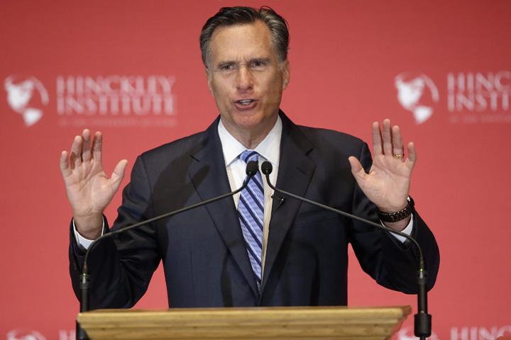 2012 Republican presidential candidate Mitt Romney weighs in on the Republican presidential race during a speech at the The University of Utah, Thursday, March 3, 2016, (AP Photo/Rick Bowmer)
