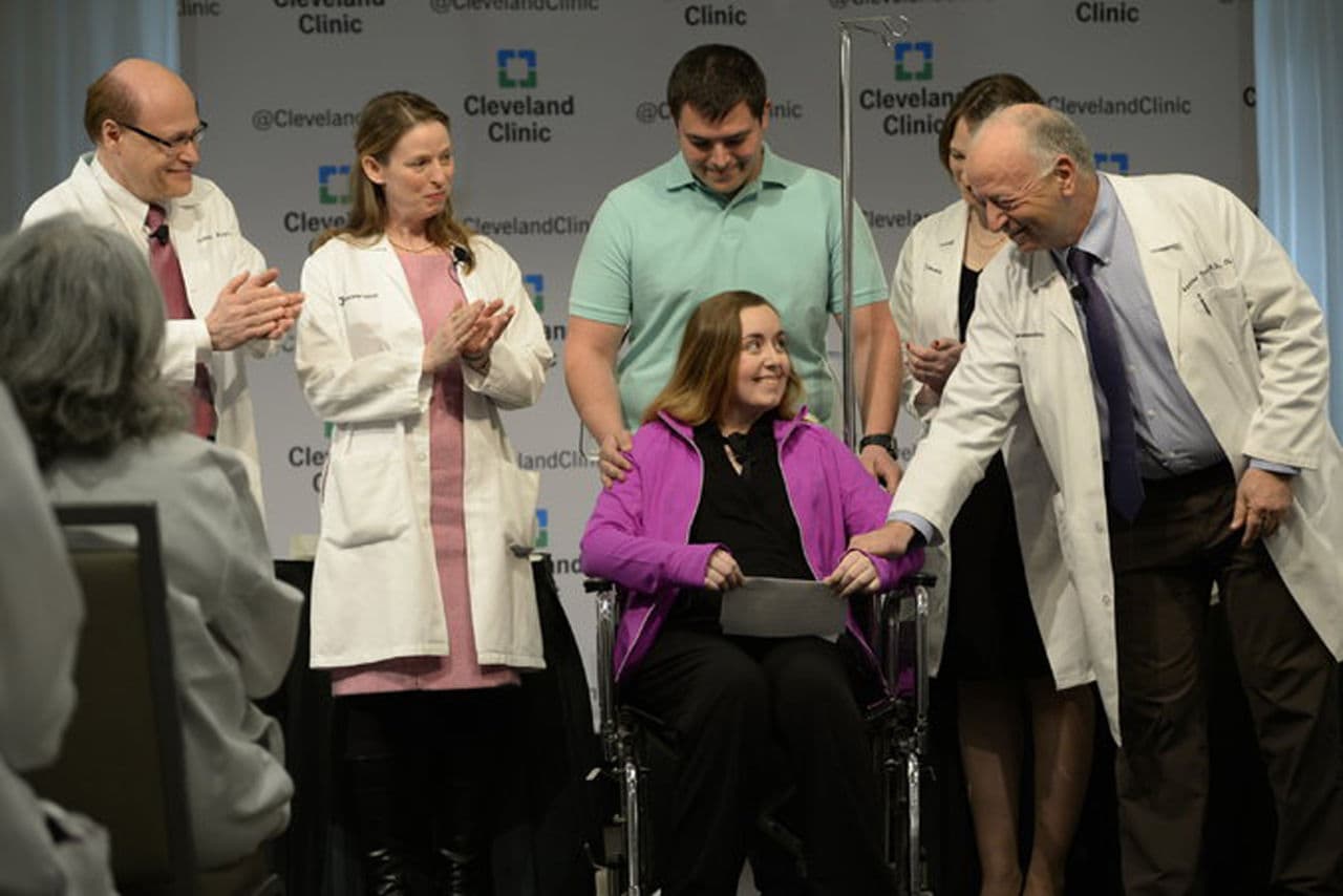 Lindsey, 26, of Texas, with her husband and doctors at a news conference on Monday, underwent the failed uterus transplant procedure at the Cleveland Clinic. (Photo Dustin Franz)