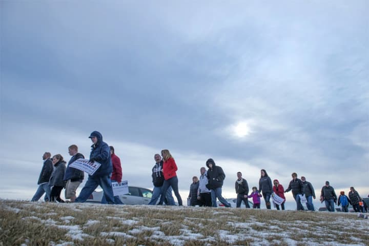 Donald Trump supporters leave a campaign rally at the Dubuque Regional Airport in Dubuque, Iowa, on Jan. 30. Trump came in second in the Iowa caucuses on Feb. 1. (Linda Davidson/The Washington Post)