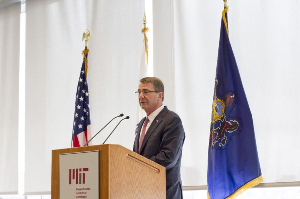 Secretary of Defense Ash Carter at an event for the Revolutionary Fibers and Textiles Manufacturing Innovation Institute at MIT (Joe Difazio for WBUR)