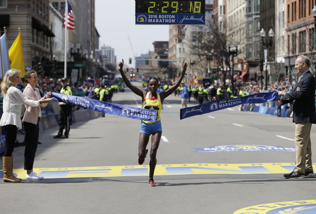 Atsede Baysa of Ethiopia breaks the tape to win the women's division of the 120th Boston Marathon on Monday, April 18, 2016, in Boston. (Elise Amendola/AP)
