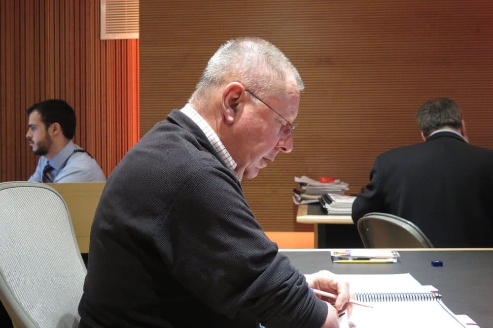 Producer Shawn Murphy listens closely during the live recording of the BSO’s performance of Shostakovich’s Symphony No. 8. (Andrea Shea/WBUR)