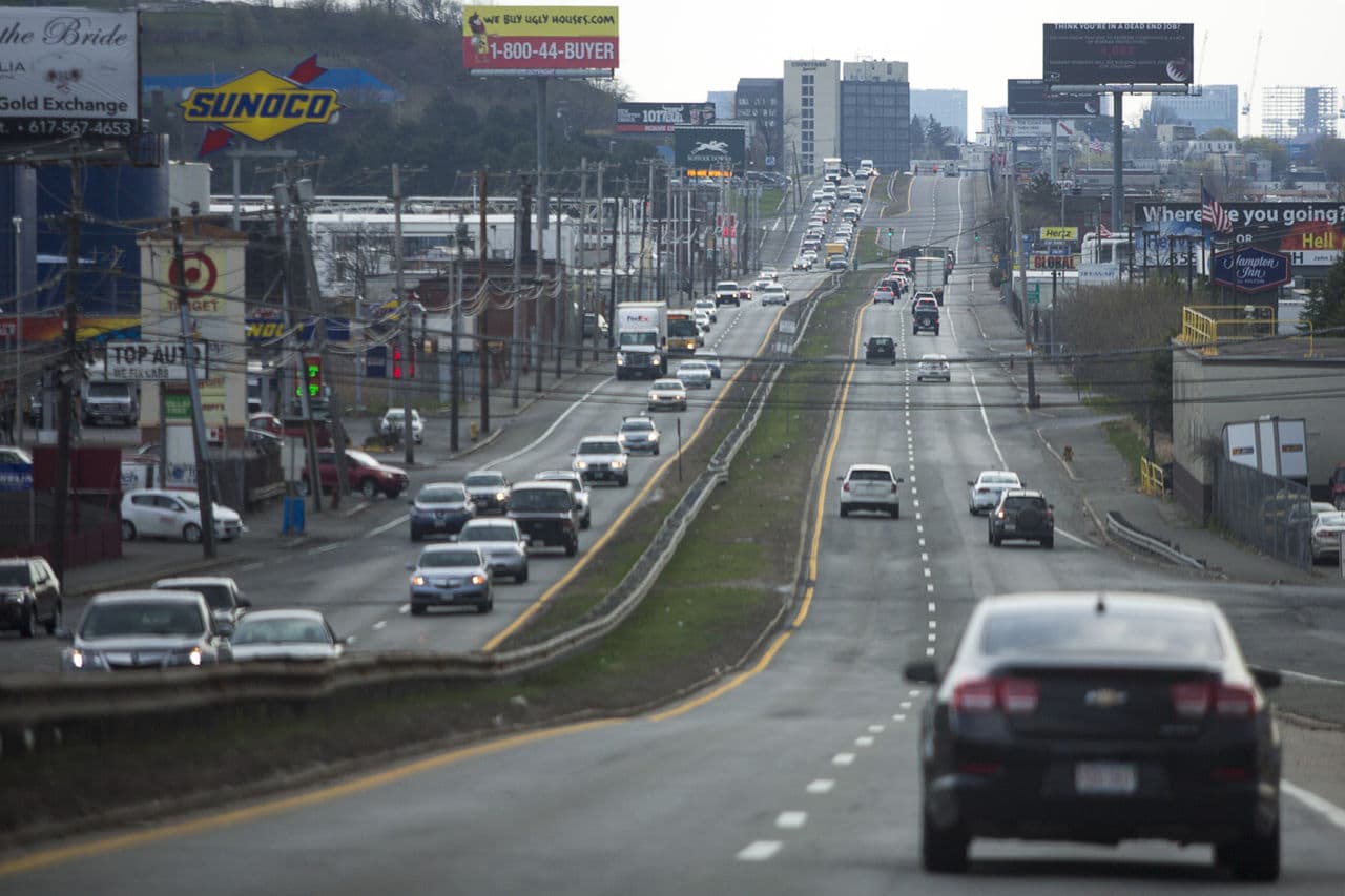 Traffic heads northbound on Route 1A during the early evening commute. (Jesse Costa/WBUR)