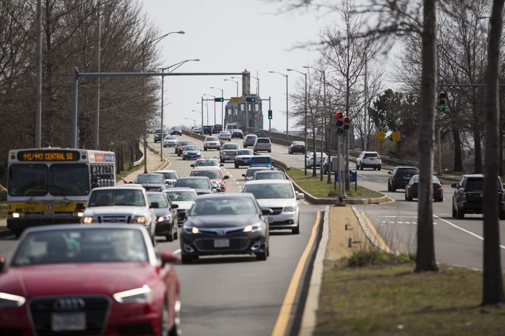 State Sen. Tom McGee, chair of the Joint Committee on Transportation, drives from his home in Lynn to the State House. Here, northbound traffic on the Lynnway comes off the Point of Pines Bridge in Lynn. (Jesse Costa/WBUR)