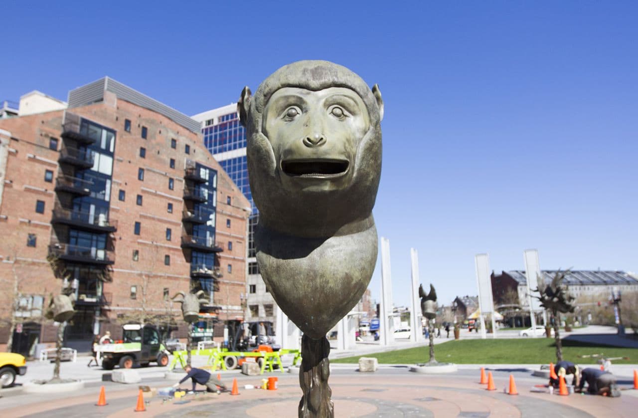 The "Circle of Animals / Zodiac Heads," now displayed on the Rose Kennedy Greenway in Boston, is Ai Weiwei's first major public sculpture project. (Joe Difazio for WBUR)