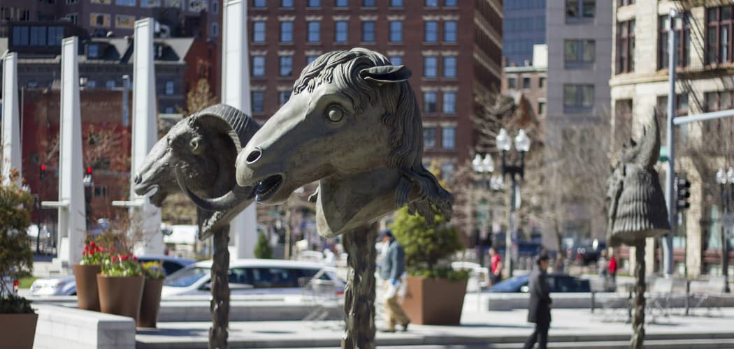 Ai Weiwei’s Chinese Zodiac heads on the Rose Kennedy Greenway in downtown Boston. (Joe Difazio for WBUR)