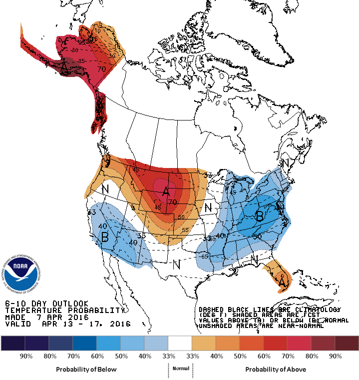 Six to 10 day temperature outlook. (Courtesy NOAA)