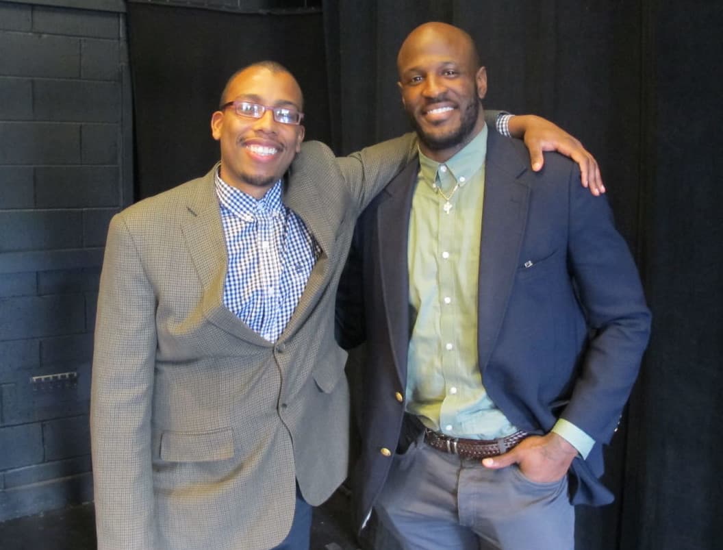 Onaje Woodbine (left) brought one of the subjects of his book to meet the Phillips Academy students