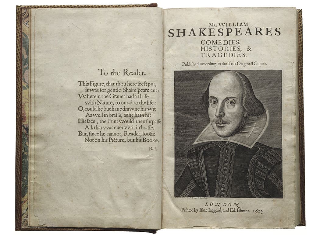 Title page with Martin Droeschout engraving of Shakespeare, Shakespeare First Folio, 1623. (Courtesy Folger Shakespeare Library)
