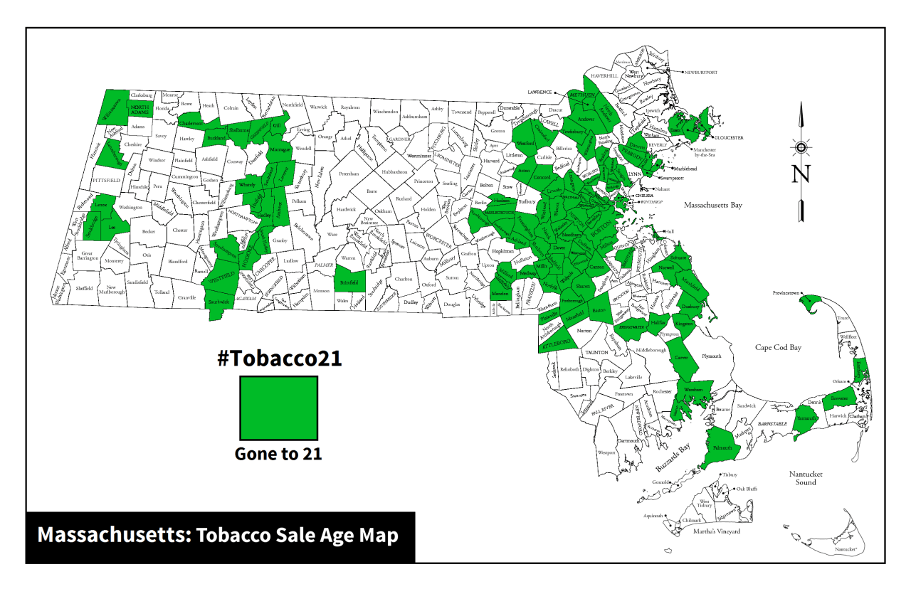 Map of Massachusetts cities and towns which have increased the minimum sale age of tobacco from 18 to 21. (Courtesy, Tobacco 21 Massachusetts)