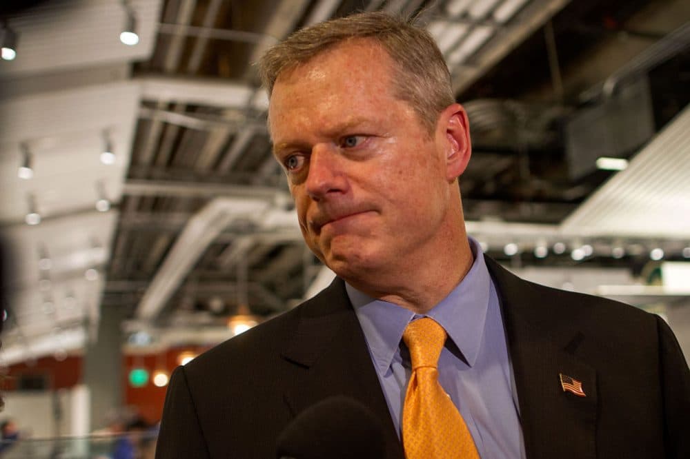 Governor Charlie Baker Wednesday night responded to LGBT activists who pushed him on his lack of support for the Transgender Public Accommodations Bill. (Hadley Green for WBUR)
