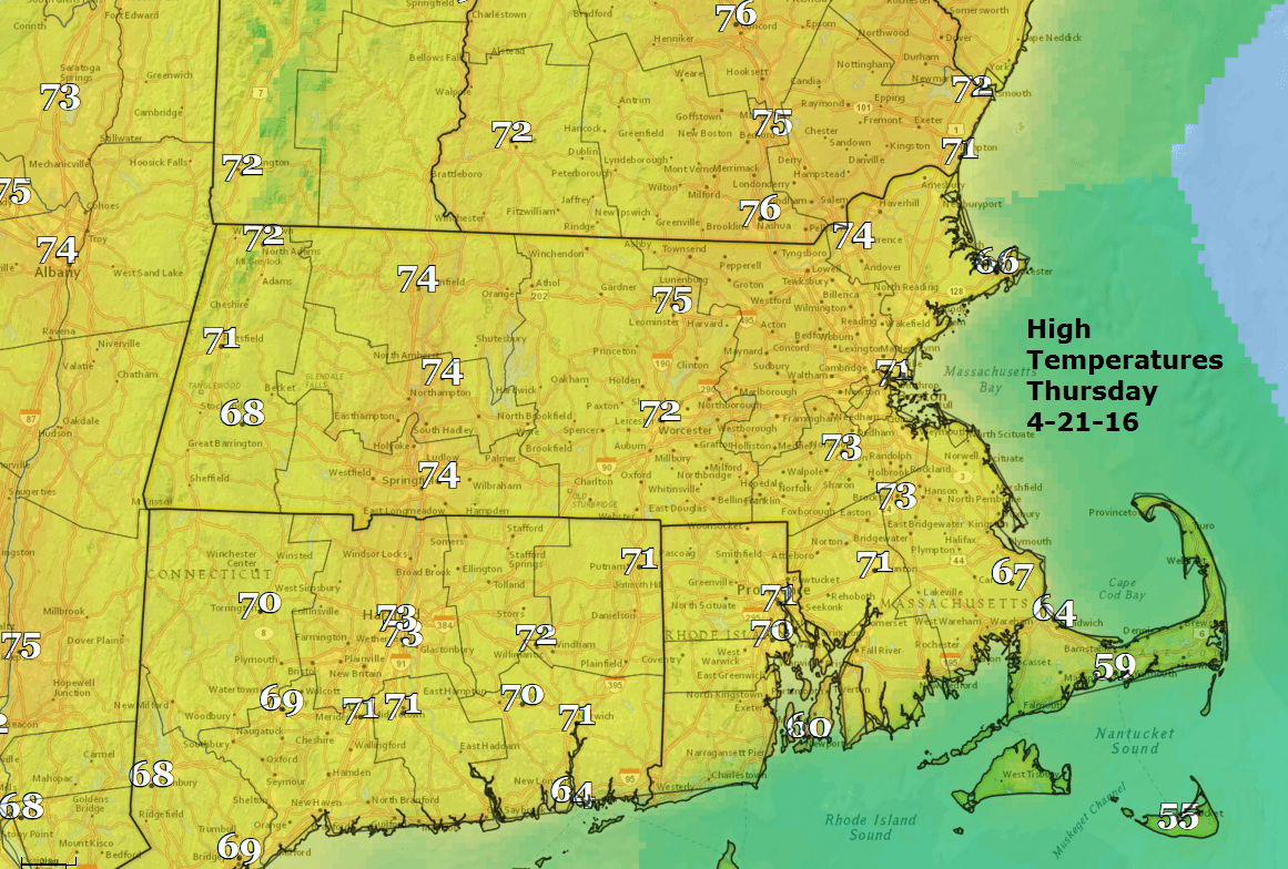Temperatures highs forecast for today. (Dave Epstein/WBUR)