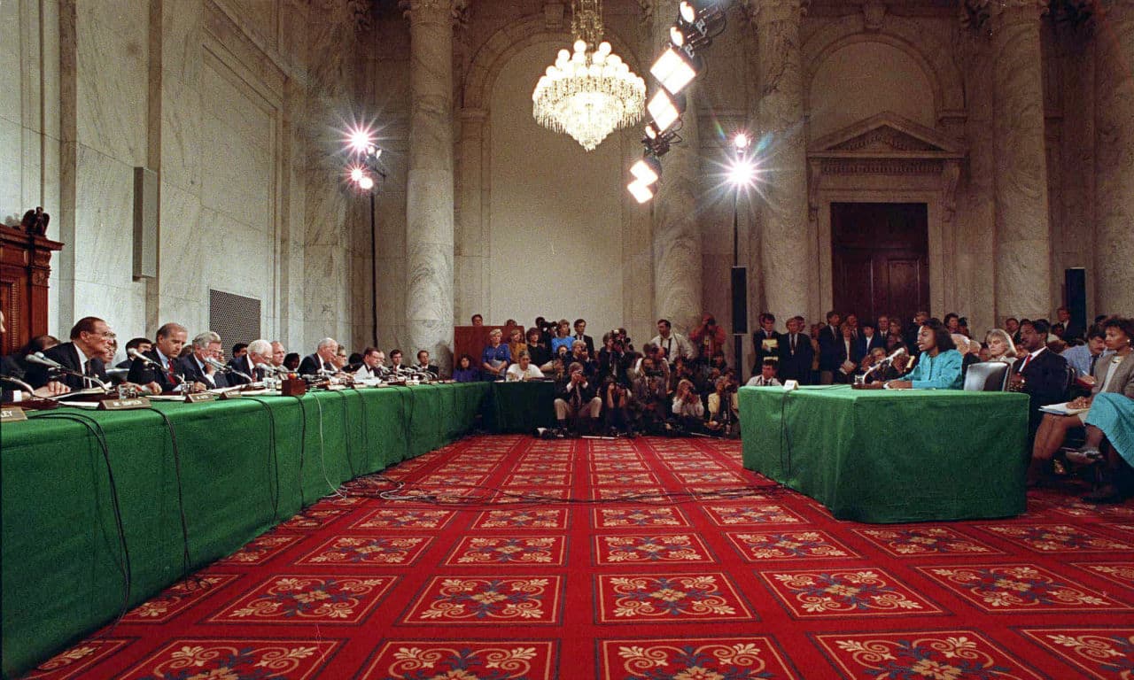 Anita Hill testifies in the Russell Caucus room on Capitol Hill where the Senate Judiciary Committee was hearing testimony on the nomination of Clarence Thomas for the Supreme Court in this Oct. 11, 1991 photo. (AP Photo/Greg Gibson, File)