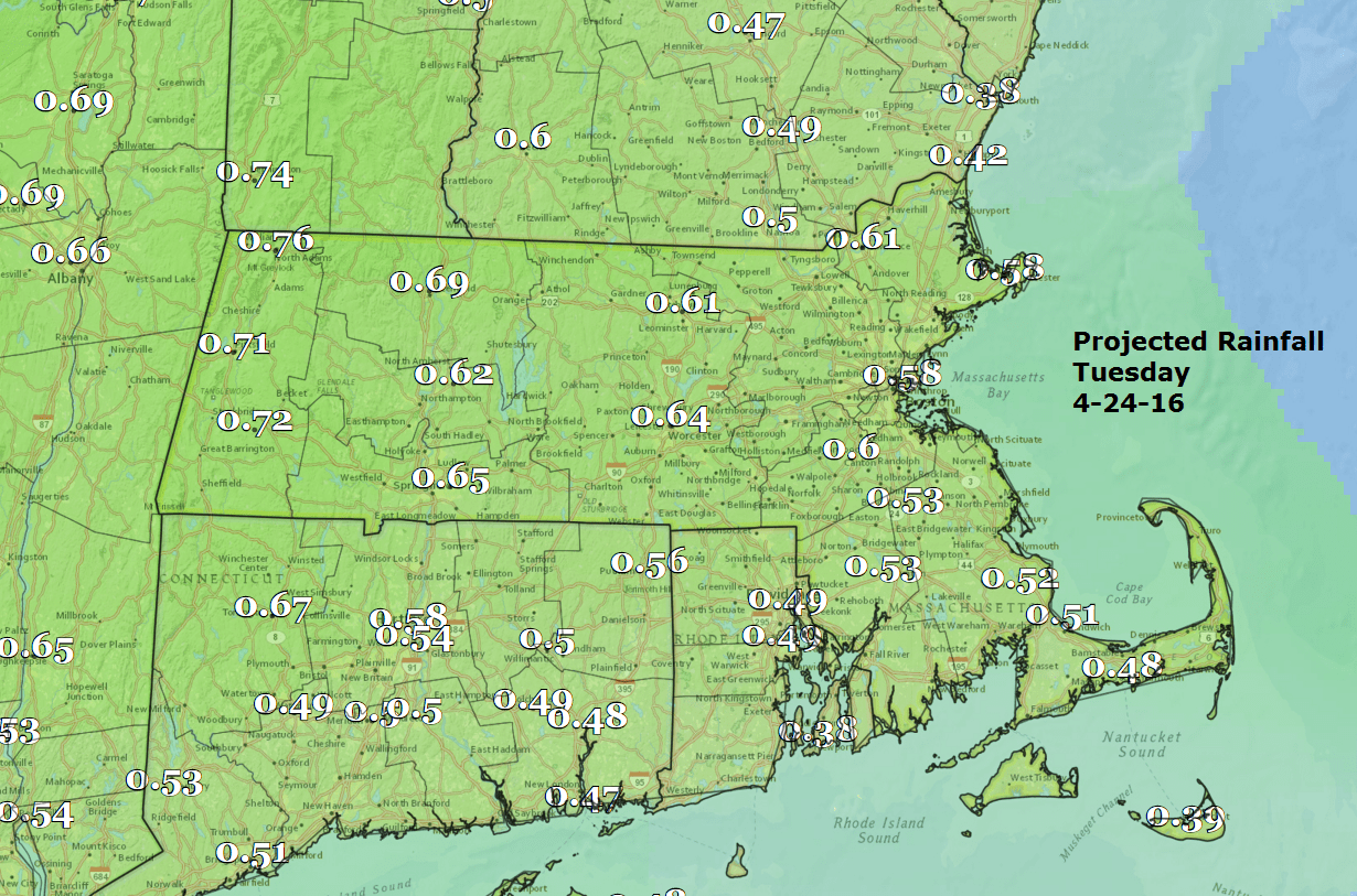 Projected rainfall totals for Tuesday. (Dave Epstein/WBUR)