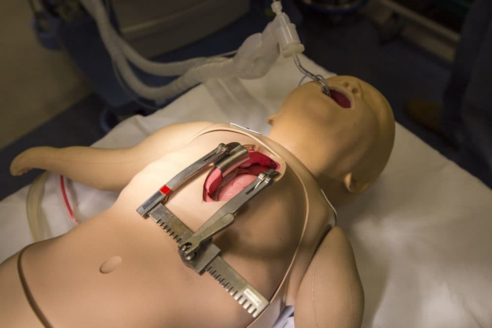 A mannequin for practicing open heart surgery at the Boston Children’s Hospital’s recently unveiled simulation center. Called “Surgical Sam,” it has a life-sized “heart” that accurately mimics the beating motions of a healthy or abnormal human heart. (Jesse Costa/WBUR)