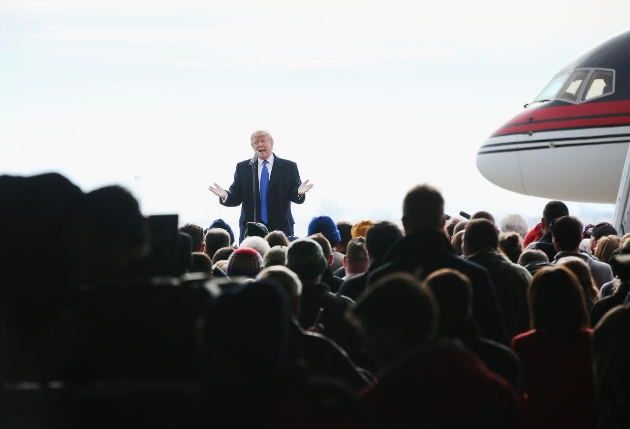 On January 30, 2016, Republican presidential candidate Donald Trump spoke to guests during a rally at the airport in Dubuque, Iowa. (Scott Olson/Getty Images)