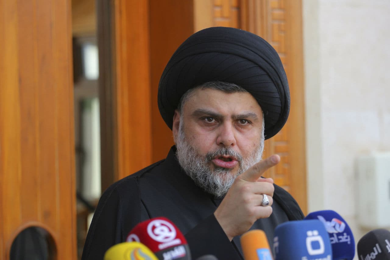 Shiite cleric Muqtada al-Sadr speaks during a media conference in Najaf, Iraq, Saturday, April 30, 2016. (Karim Kadim/AP)