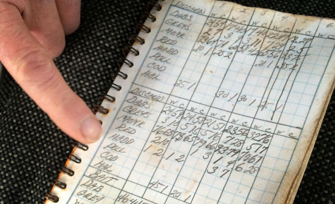 Cushman has recorded information about his haul for years in tiny waterproof notebooks. (Qainat Khan/WBUR)