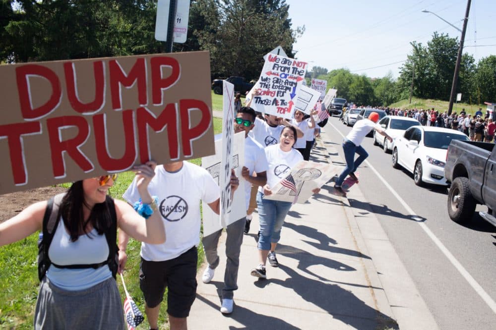 Protesters gather outside the venue prior to a Republican presidential candidate Donald Trump rally at the The Northwest Washington Fair and Event Center on May 7, 2016 in Lynden, Washington. (Matt Mills McKnight/Getty Images)