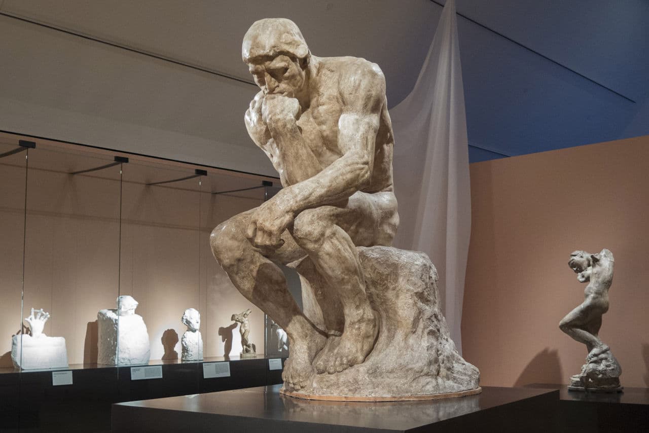 Auguste Rodin’s “The Thinker” on display at the Peabody Essex Museum’s new exhibit, “Rodin: Transforming Sculpture.” (Andrea Shea/WBUR)