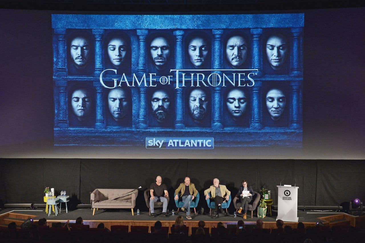 Weapons Master Tommy Dunne, Comedian Al Murray, Actor Ian McElhinney and Presenter Sue Perkins during Game of Thrones: From Page to Screen part of Advertising Week Europe 2016 day 4 at Picturehouse Central on April 21, 2016 in London, England. (Jeff Spicer/Getty Images for Advertising Week Europe)