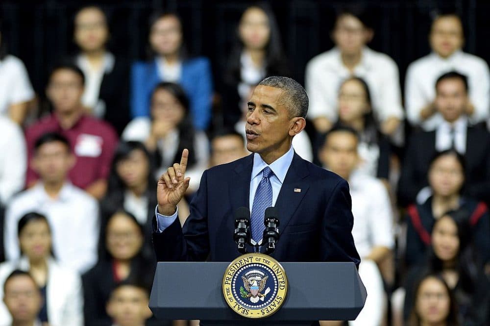 US President Barack Obama speaks at a Young Southeast Asian Leaders Initiative town hall event in Ho Chi Minh City on May 25, 2016.  
Obama fielded questions on May 25 on everything from rap and weed smoking to leadership and his good looks at a lively town hall-style meeting with young Vietnamese, who say the US leader is a far cry from their staid Communist rulers. (CHRISTOPHE ARCHAMBAULT/AFP/Getty Images)