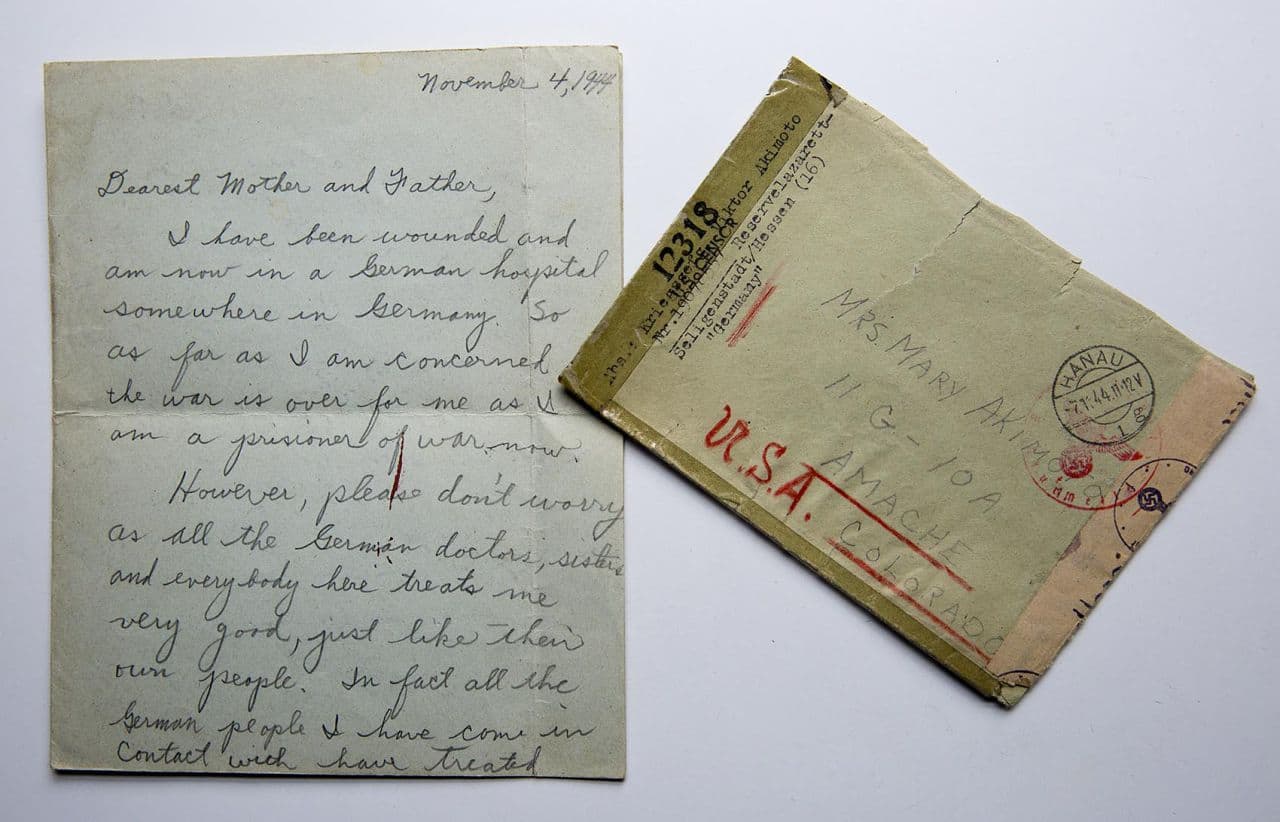 Victor Akimoto's letter to his parents from a prisoner of war camp in November 1944, after he was wounded and captured by the German army. The letter is addressed to Amache, the unofficial name for the Granada Relocation Center in Colorado. (Robin Lubbock/WBUR)
