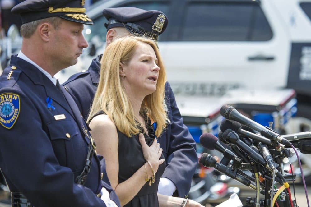 Tricia Tarentino, the widow of slain Auburn police officer Ronald Tarentino, made a statement to the press before her husband's funeral in Charlton Friday morning. (Jesse Costa/WBUR)
