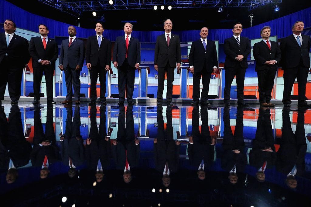 On August 6, 2015, Donald Trump joined the Republican presidential candidates for the first prime-time presidential debate hosted by FOX News and Facebook at the Quicken Loans Arena in Cleveland, Ohio. (Chip Somodevilla/Getty Images)