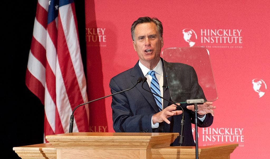 Former Governor and presidential candidate Mitt Romney addresses a full house of more than 600 people during a speech for Hinckley Institute of Politics at the University of Utah in Salt Lake City March 3, 2016. Republican 2012 White House nominee Mitt Romney excoriated Donald Trump as unfit to be president Thursday, in a deeply personal attack that exposed party panic at the billionaire's political success. (ED KOSMICKI/AFP/Getty Images)