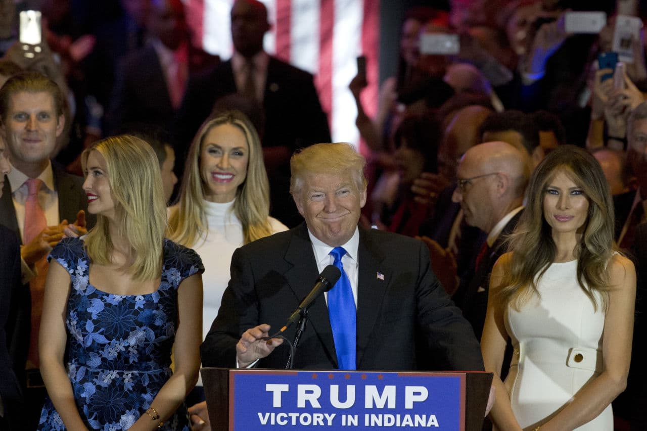 Republican presidential candidate Donald Trump is joined by his wife Melania, right, and daughter Ivanka, left, as he arrives for a primary night news conference, Tuesday, May 3, 2016, in New York. (AP Photo/Mary Altaffer)