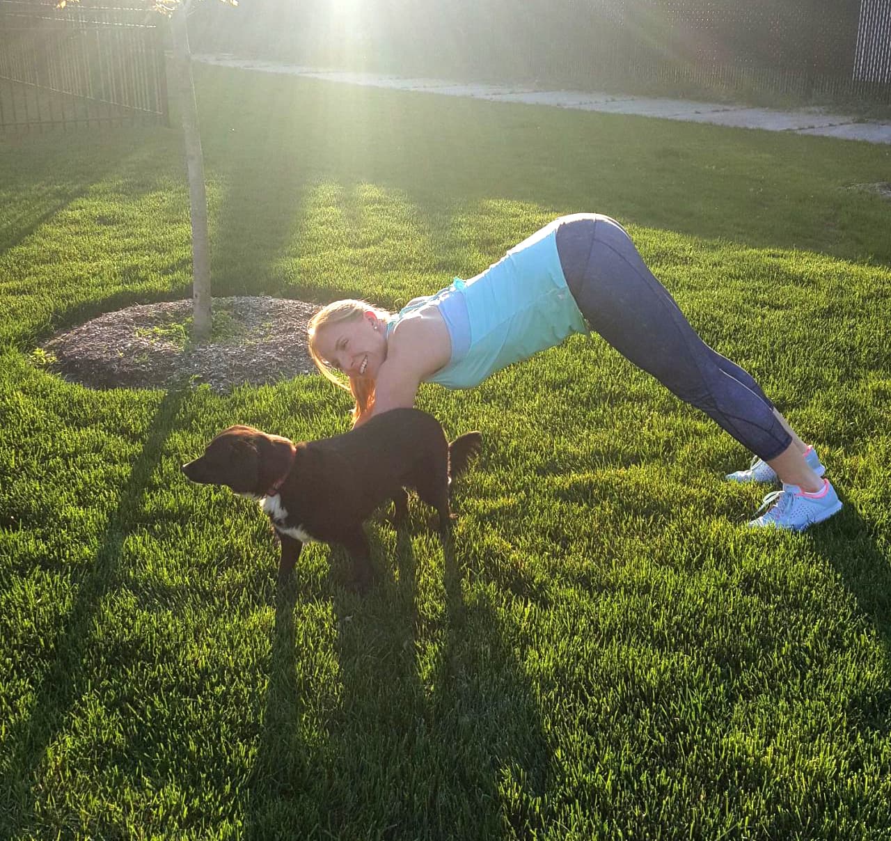 Rachel Monroe takes a gentler approach to exercise these days, like taking walks or doing yoga with her dog Rosie. (Courtesy Rachel Monroe)