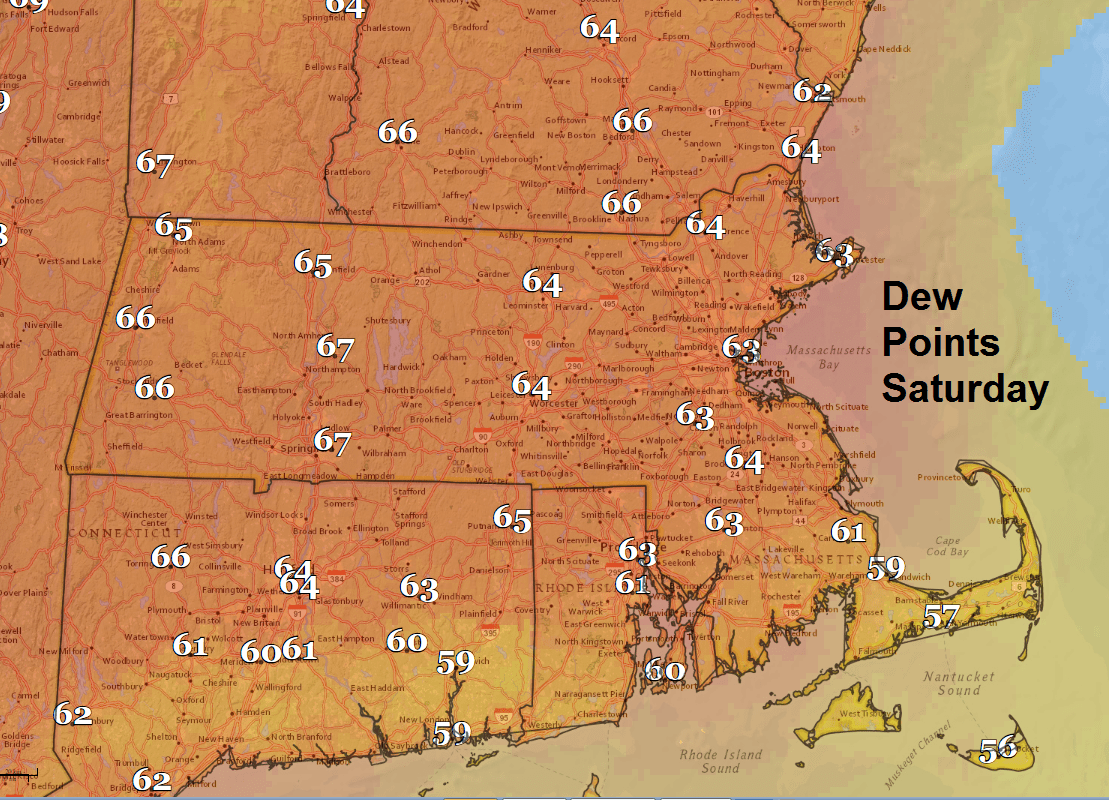 Dew points in the 60s Saturday will make it feel uncomfortable (Dave Epstein/WBUR)