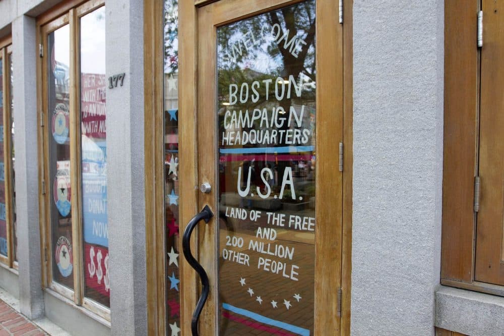 Artist Pat Falco’s faux Boston Campaign Headquarters meant to poke fun at election season. (Joe Difazio for WBUR)