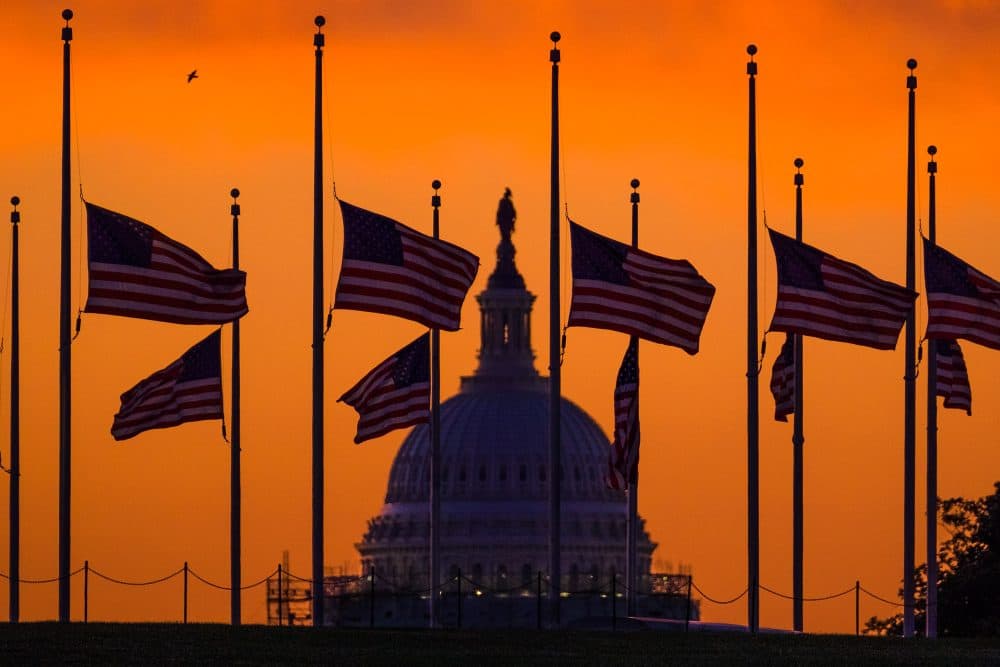 Flags fly at half-staff around the Washington Monument at daybreak in Washington with the U.S. Capitol in the background on Monday. President Obama ordered flags lowered to half-staff to honor the shooting victims. (J. David Ake/AP)