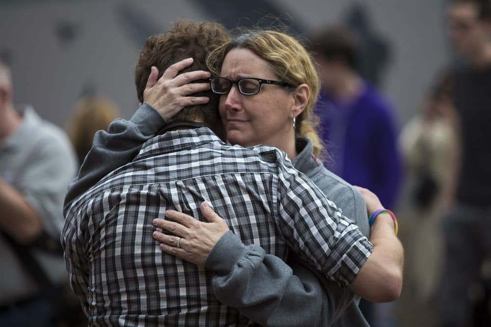Hundreds gathered on City Hall Plaza in honor of those killed at the Pulse Dance Club in Orlando. (Jesse Costa/WBUR)
