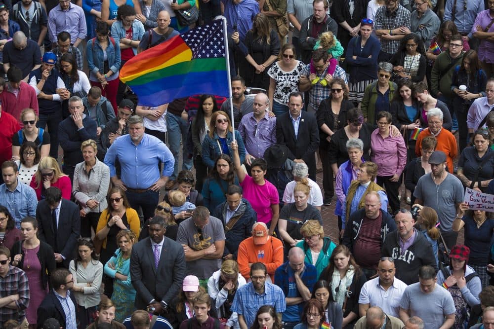 Hundreds gathered on City Hall Plaza in honor of those killed at the Pulse Dance Club in Orlando. (Jesse Costa/WBUR)