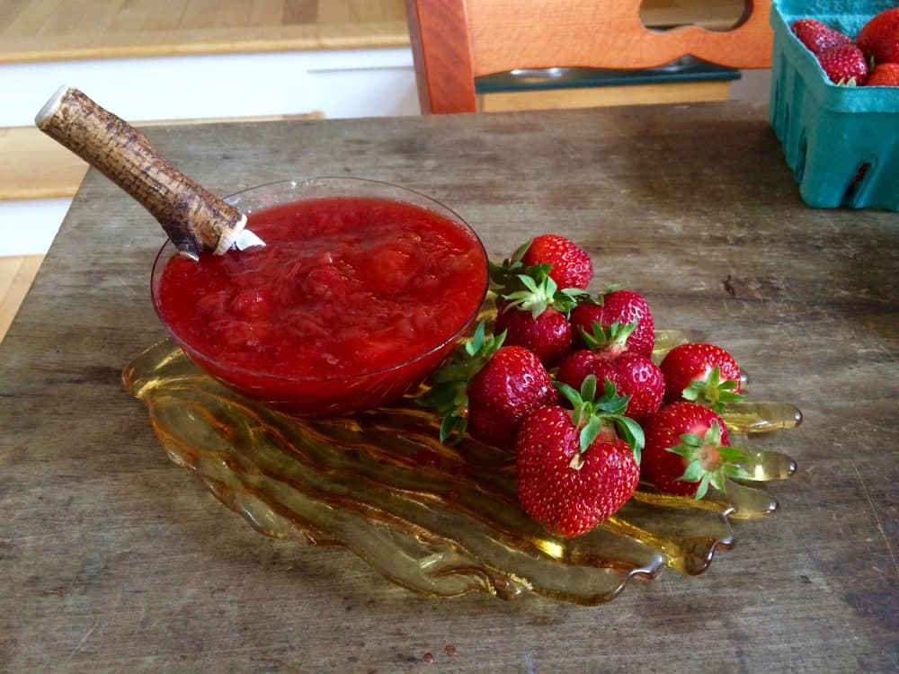 The strawberry rhubarb sauce will keep covered and refrigerated for a few days. (Kathy Gunst for Here &amp; Now)