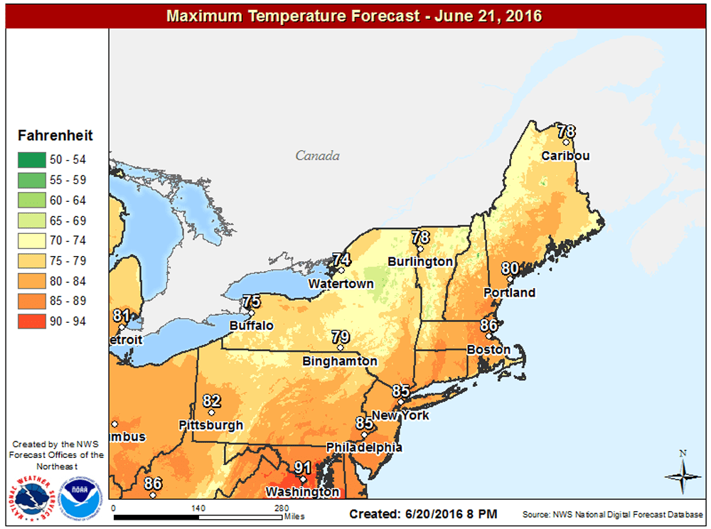 Predicted high temperatures for Tuesday afternoon. (Courtesy NOAA)