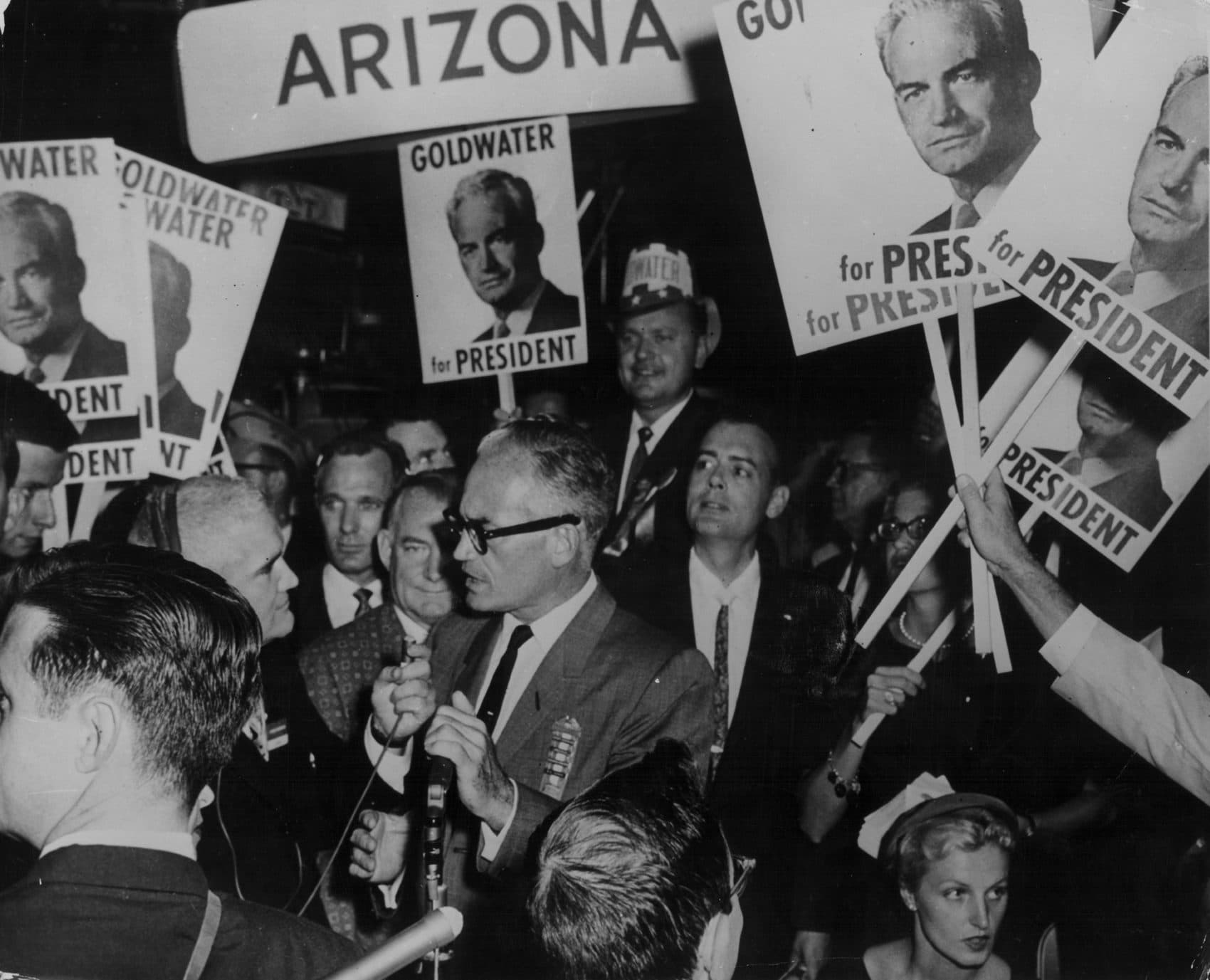 Senator Barry Goldwater, surrounded by his supporters as he campaigns for the Republican candidacy, 1952. (Keystone/Hulton Archive/Getty Images)