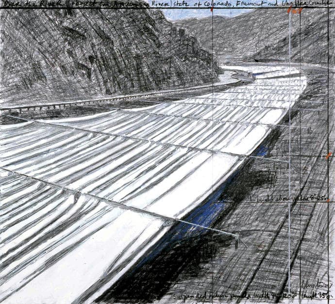 &quot;Over the River,&quot; by Christo, project for Arkansas River, drawing, 2007 (Wolfgang Volz/Christo)