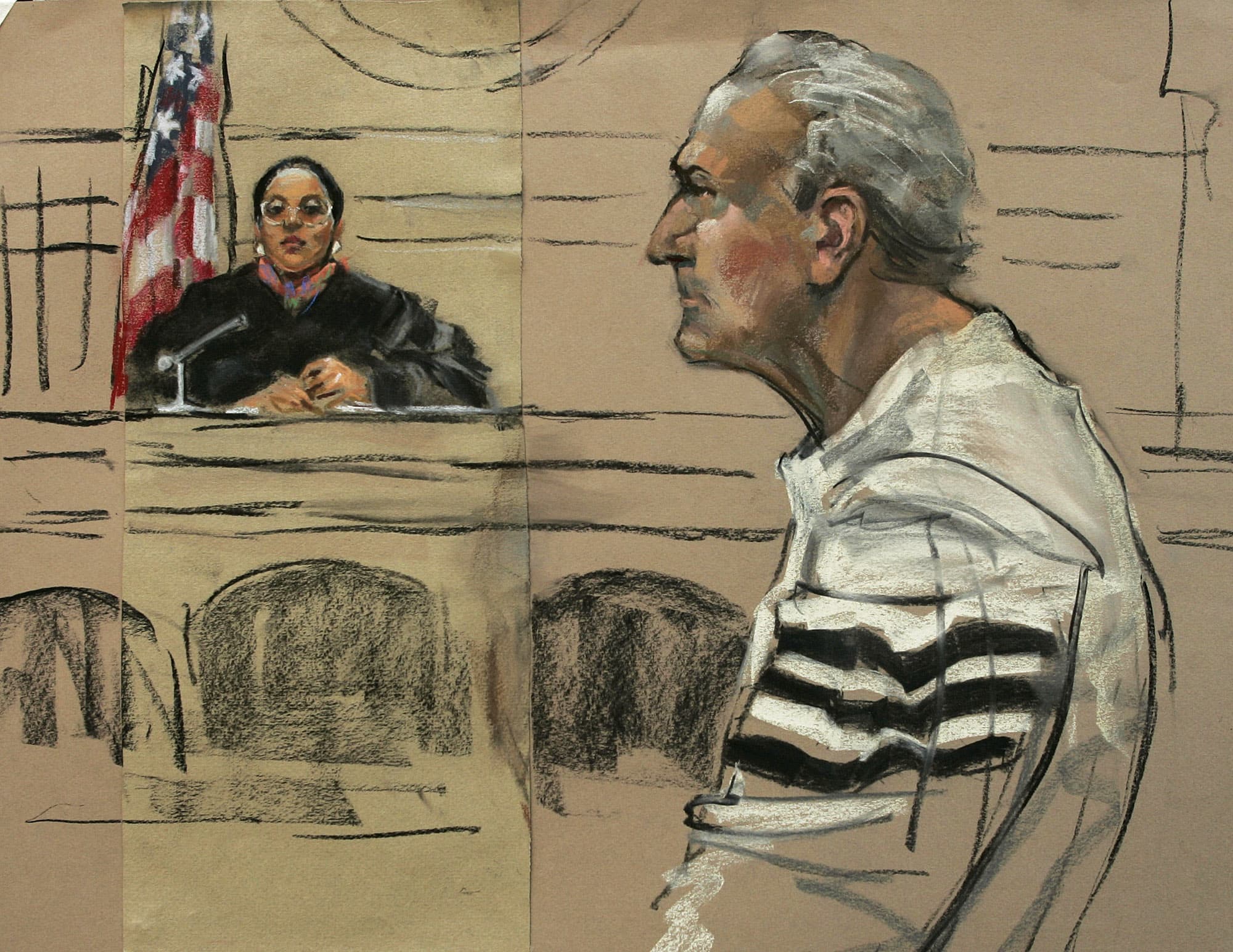 In this courtroom sketch, former Mafia boss Francis "Cadillac Frank" Salemme appears before a judge in Boston federal court on Nov. 10, 2004. Salemme is likely to be a suspect in the murder of Steven DiSarro, whose remains were found in Providence and just identified. (Constance Flavell Pratt/AP)