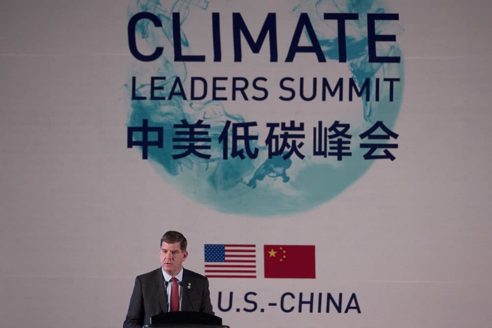 Boston Mayor Martin Walsh speaks at the U.S.-China Climate-Smart/Low-Carbon Cities Summit in Beijing on Tuesday. Walsh and Secretary of State John Kerry announced that Boston will host the summit next year. (Andy Wong/AP/Pool)